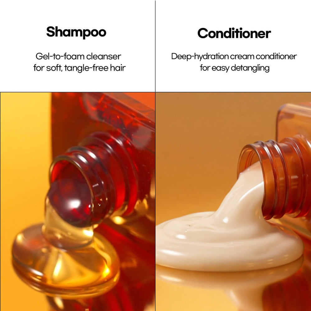 Mise En Scene shampoo pump close-up highlighting serum label and easy dispensing benefit