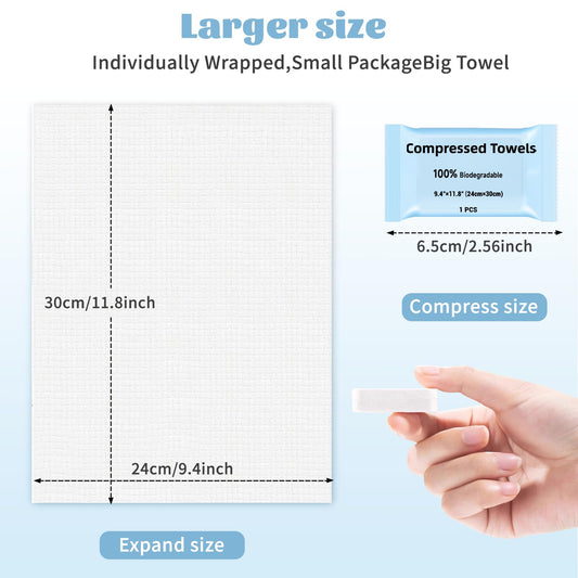 MISHCHI expanded towel laid flat showing full 24x30 cm size and absorbency benefits