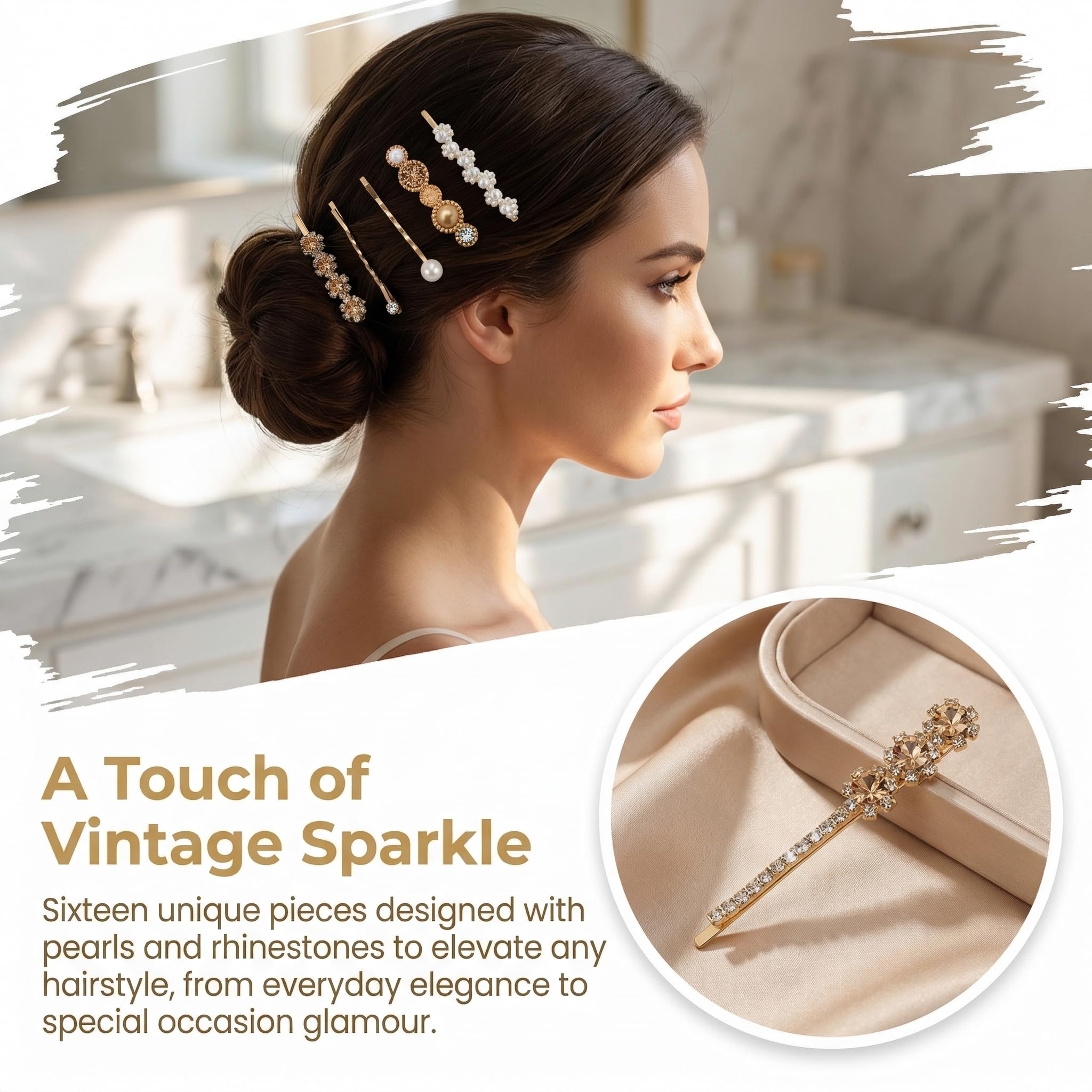 Miskate close-up of rhinestone bobby pin showing sparkling detail and photo-ready sparkle benefit