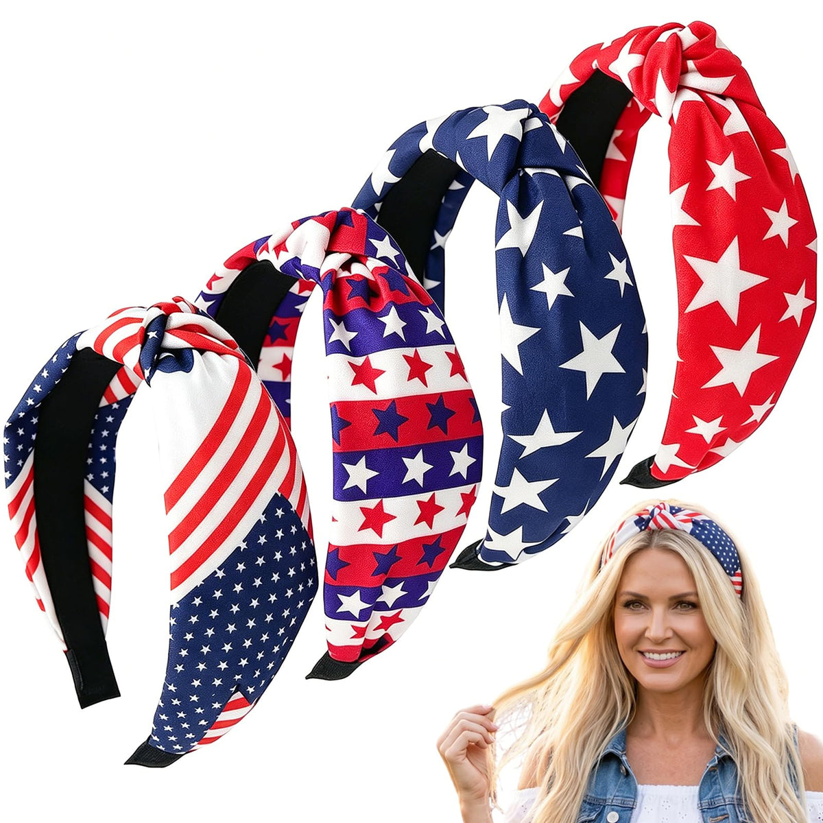 Miskate front pack showing four red white blue headbands and patriotic design benefit: festive set