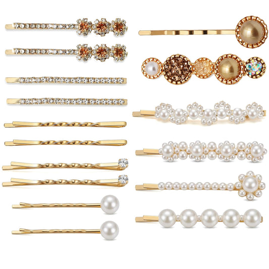 Miskate front view of 16-piece gold bobby pin set showing mixed styles and tidy storage benefit