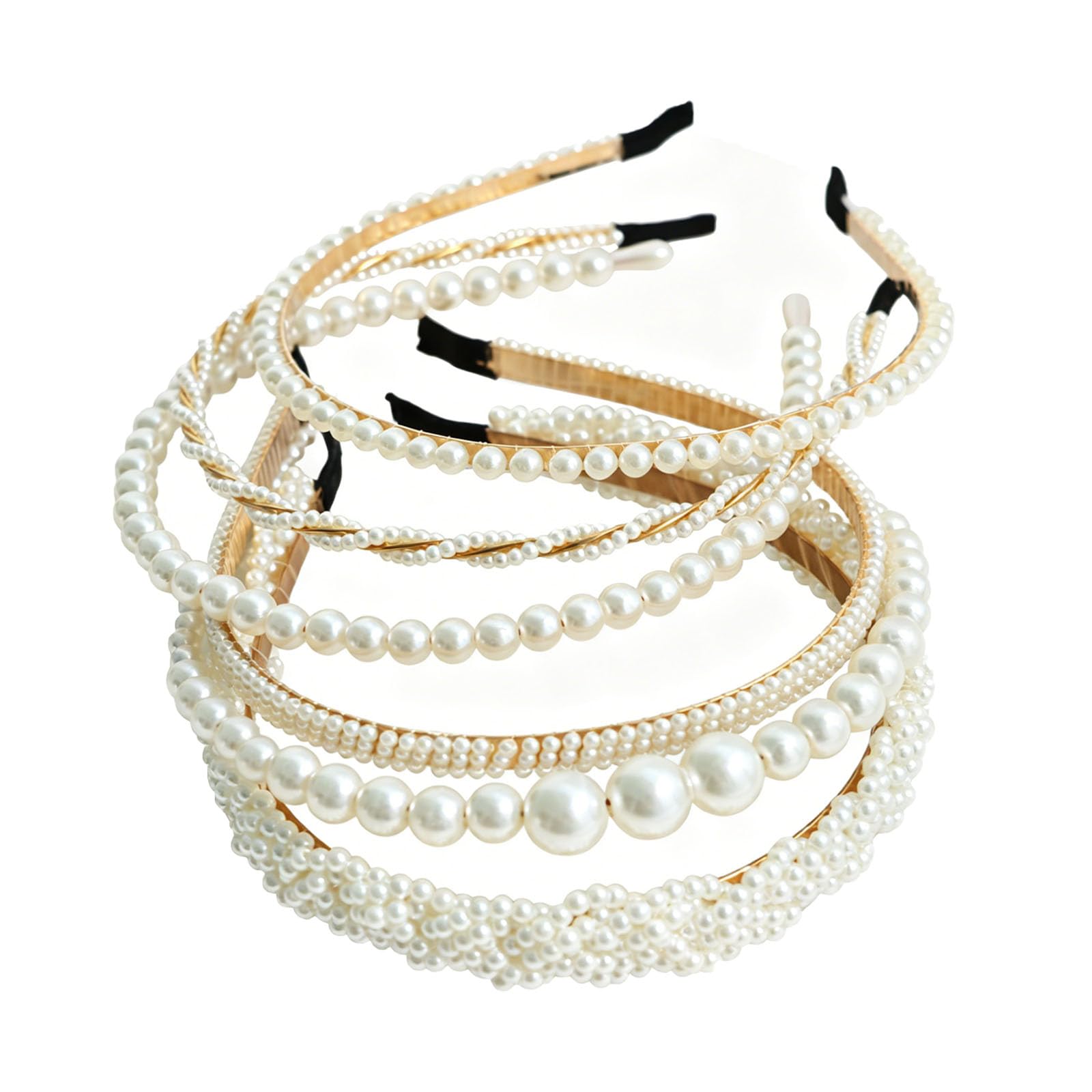 Miskate front view of six white pearl headbands, elegant accessory set benefit