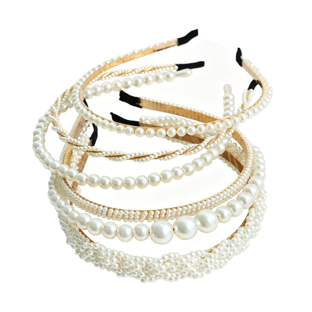 Miskate front view of six white pearl headbands, elegant accessory set benefit
