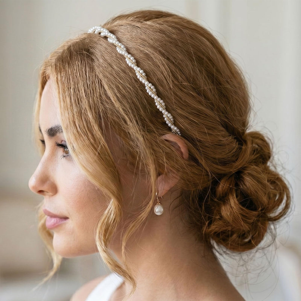 Miskate model wearing layered pearl headband, bridal-ready styling benefit