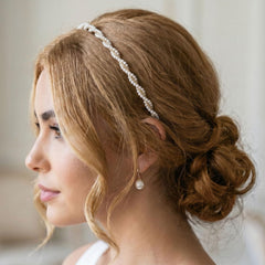 Miskate model wearing layered pearl headband, bridal-ready styling benefit