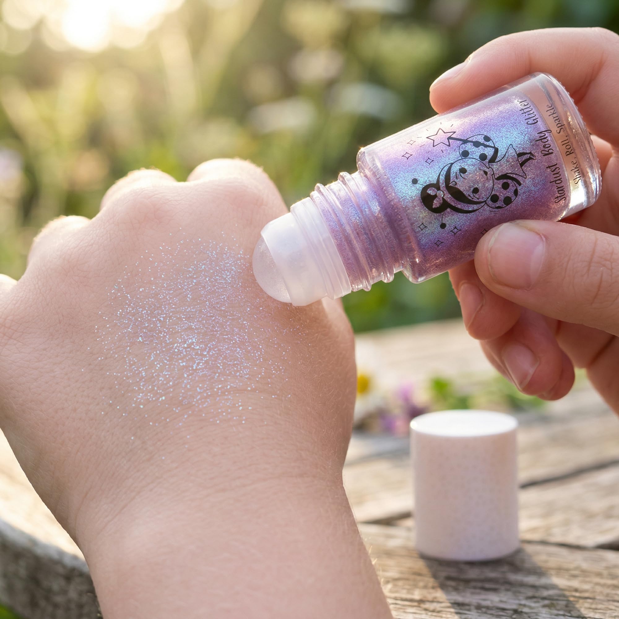 Miss Nella applied on child arm showing controlled shimmer and playful, safe decoration
