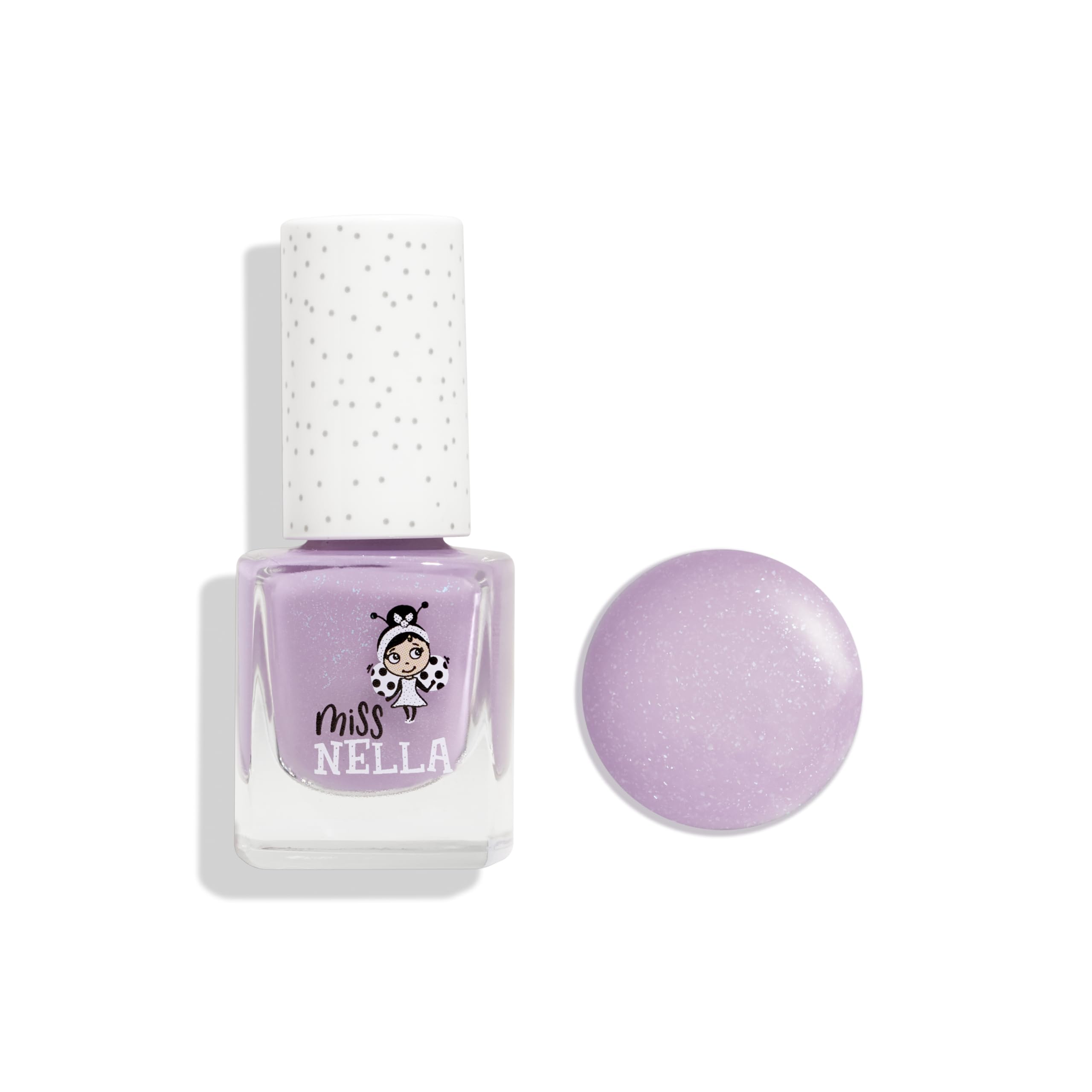 Miss Nella on a child’s hand demonstrating glossy look and safe formula
