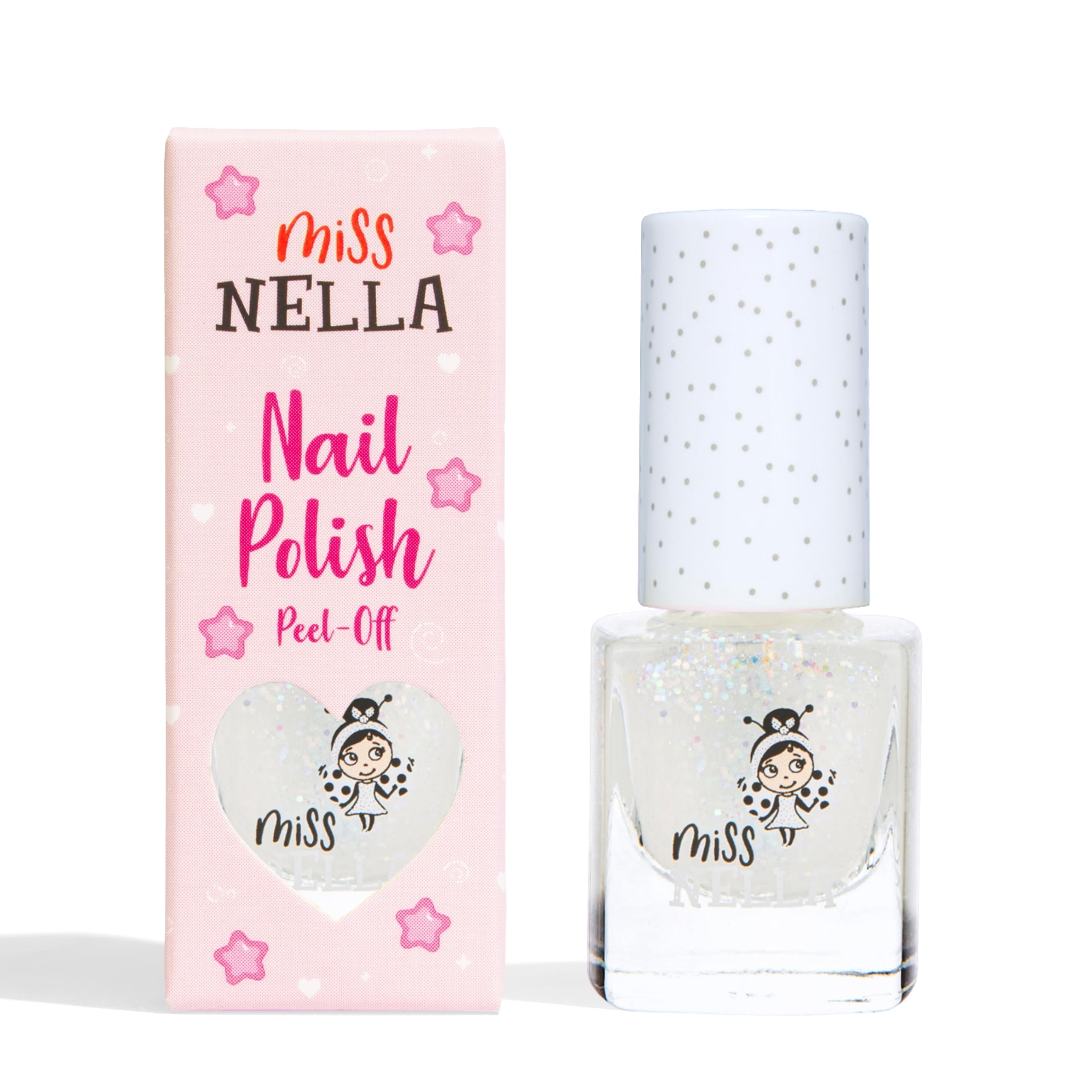 miss nella front bottle showing label and confetti glitter finish benefit easy identification