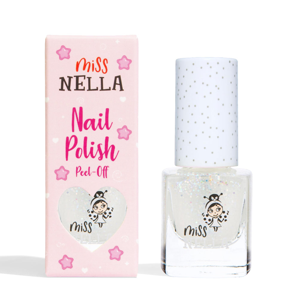 miss nella front bottle showing label and confetti glitter finish benefit easy identification