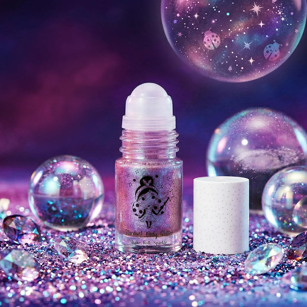 Miss Nella glitter texture swatch highlighting purple sparkle and even, washable finish