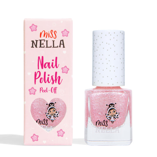 MISS NELLA bottle front view showing pink glitter polish benefit: safe fun