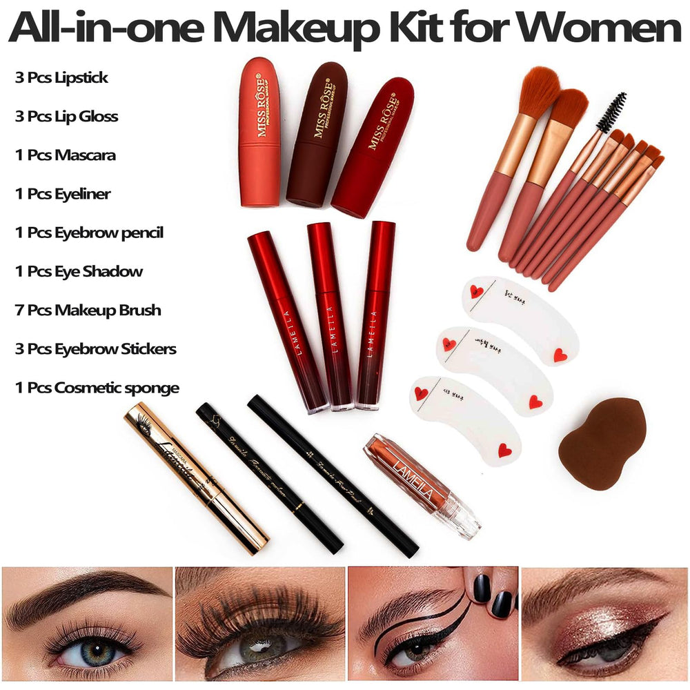 MISS ROSE M lipsticks and glosses arranged to show color variety and finish