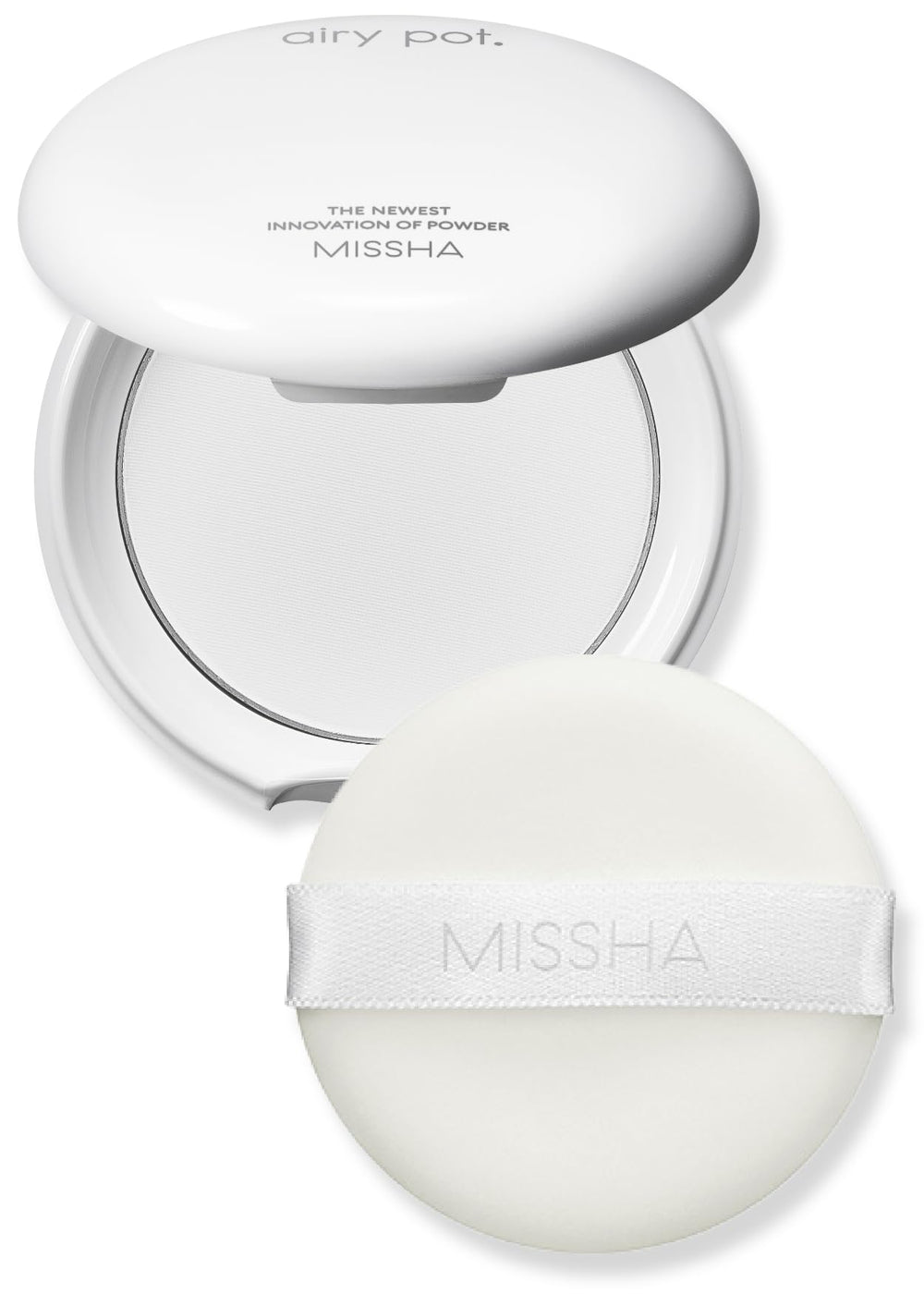 MISSHA airy pot compact front showing sleek packaging and portability benefit