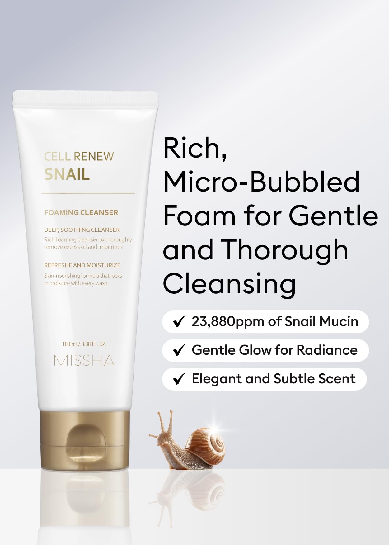 MISSHA foam in hand illustrating gentle lather and effective yet mild cleansing action