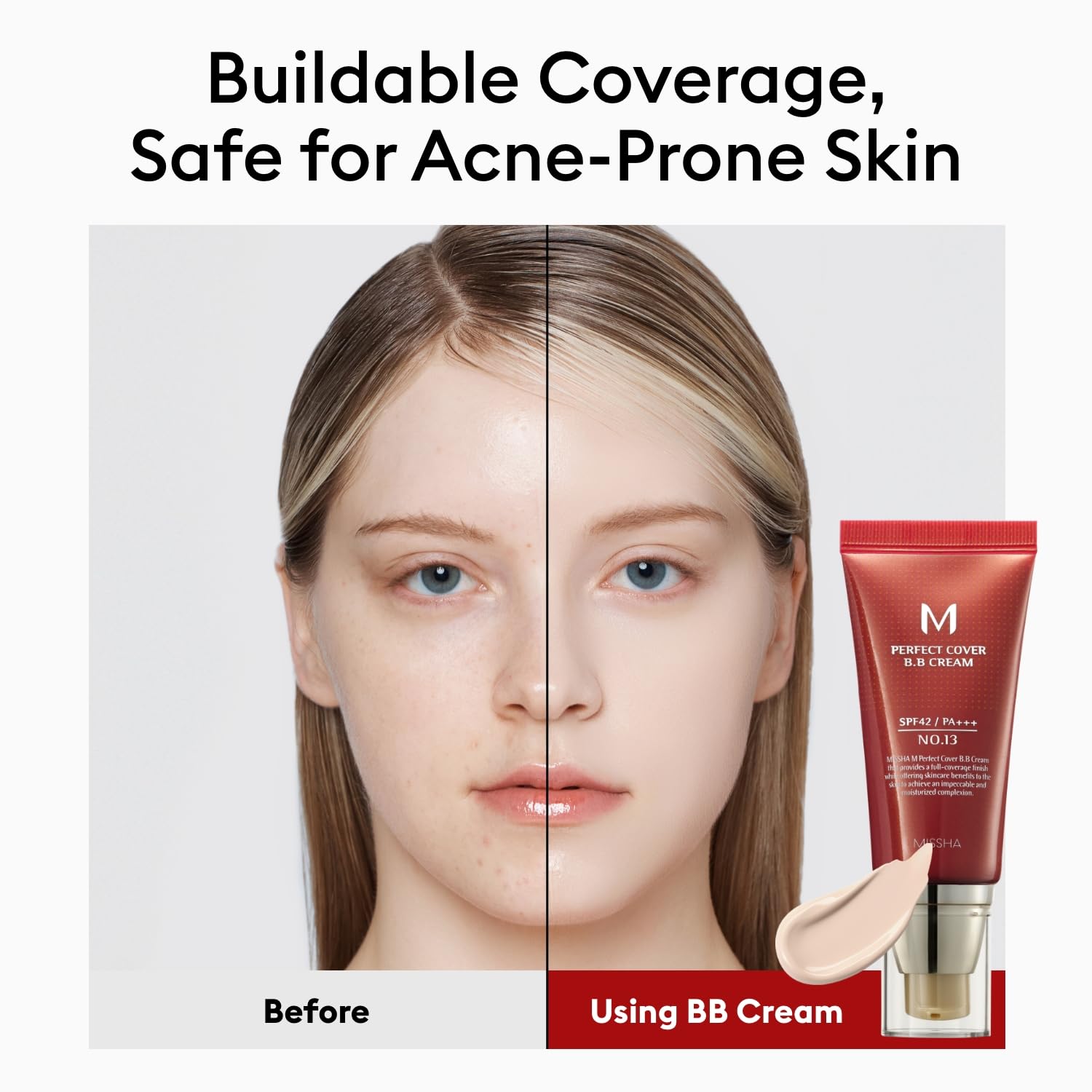 MISSHA shade comparison on arm showing No.13 Bright Beige match for fair skin