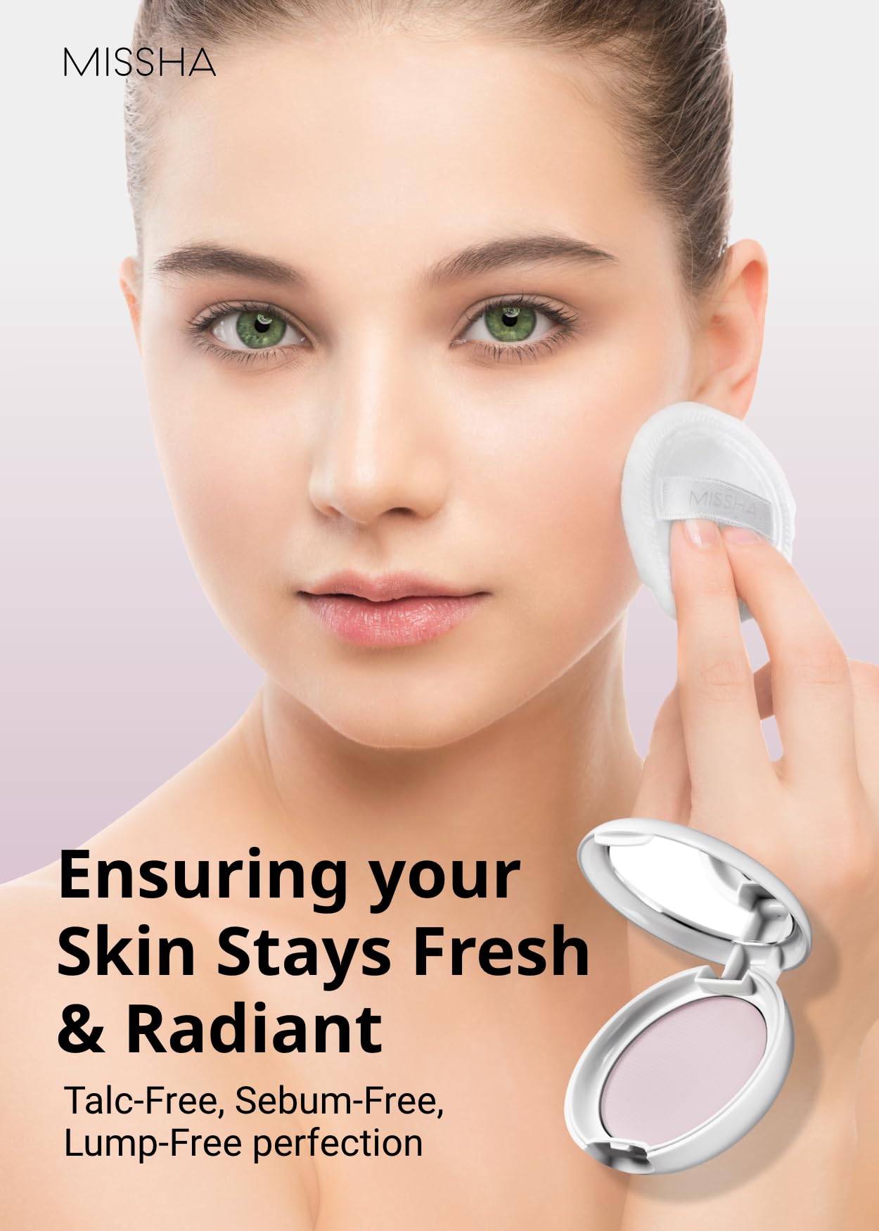 MISSHA pressed powder texture closeup highlights fine milled finish for smooth setting