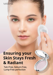 MISSHA pressed powder texture closeup highlights fine milled finish for smooth setting