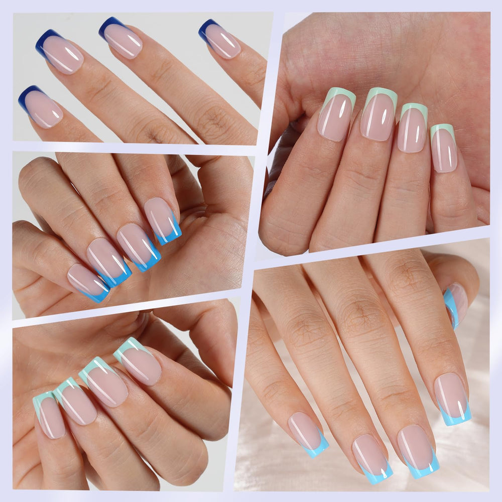Misssix nails applied on hand demonstrating neat short square French look