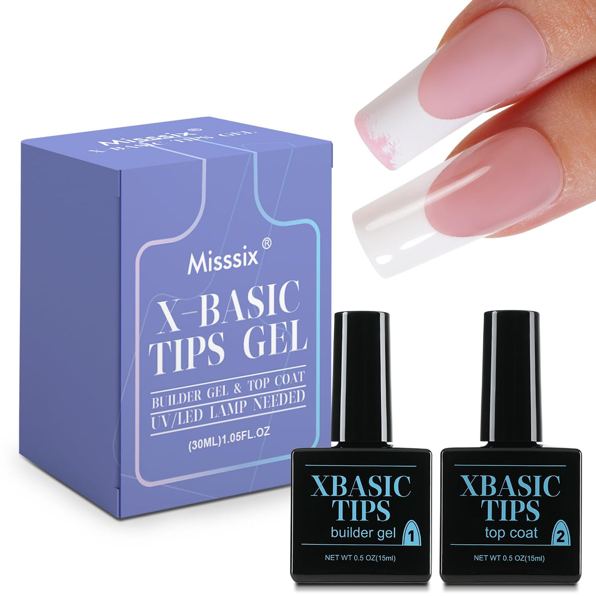 Misssix builder gel and top coat front packaging showing set benefit