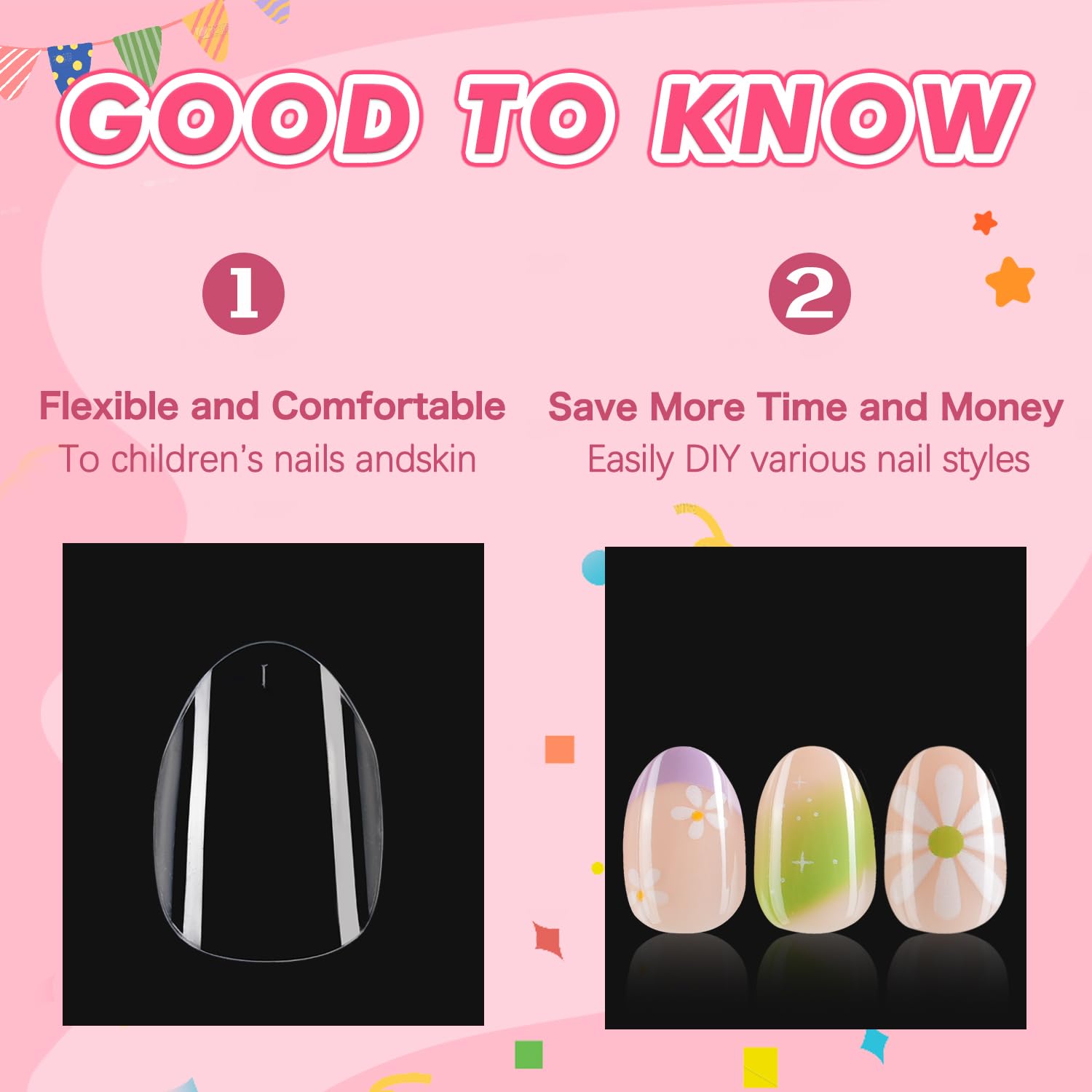 Misssix clear almond tips lined up to display full-cover shape advantage