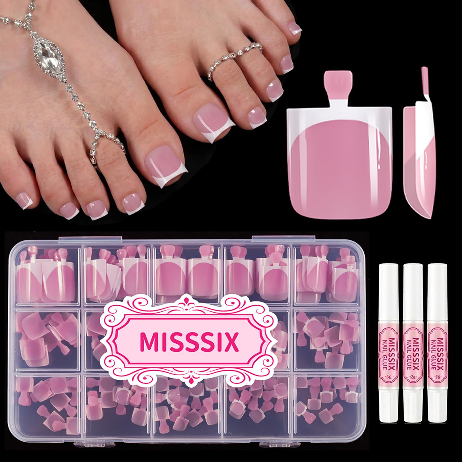 Misssix package front view showing French-tip toe nails and storage case for easy travel