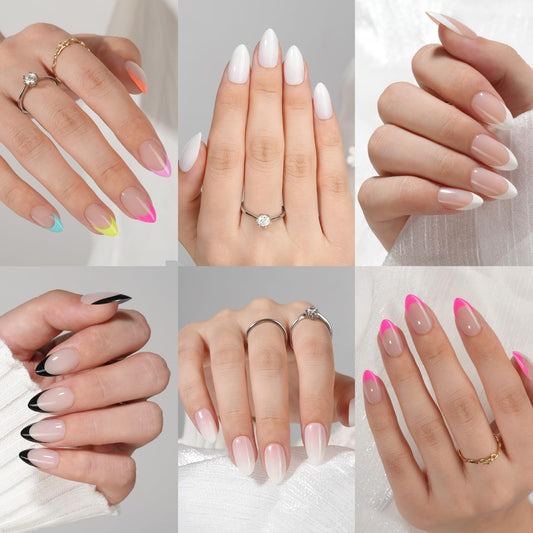 Misssix front packaging showing six almond French-tip designs and glue for easy selection