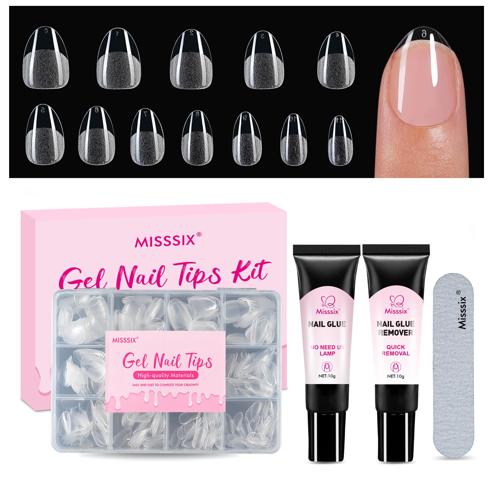 Misssix front packaging showing organized 216-piece kit and included glue
