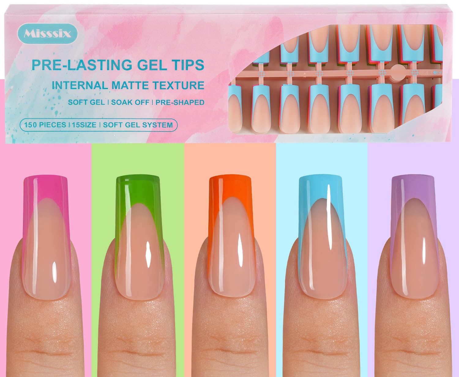 Misssix front packaging showing 150pcs long square tips and quick salon results