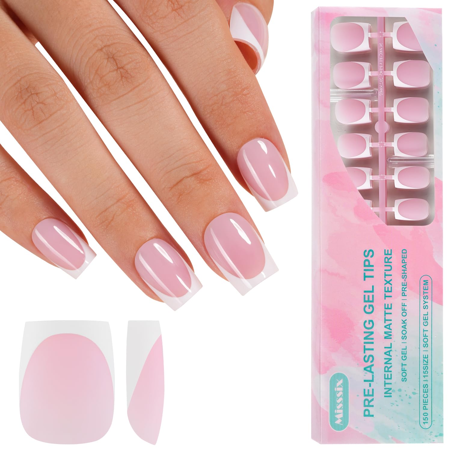 Misssix front packaging showing 150-piece French tip kit and short square design, quick application benefit