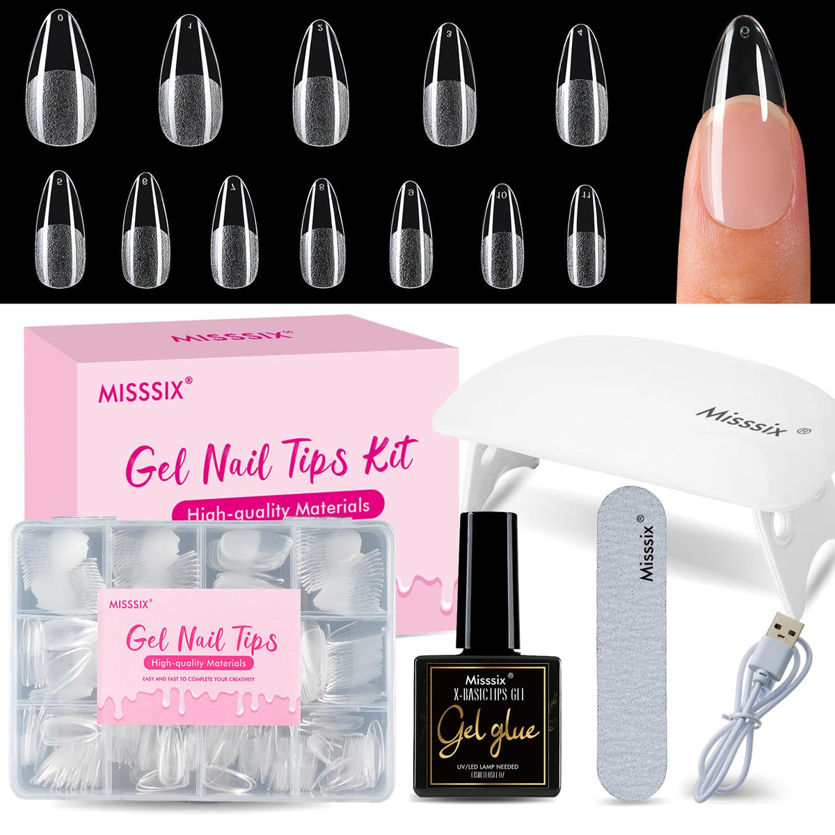 Misssix front packaging of full gel nail kit showing components and benefit of completeness