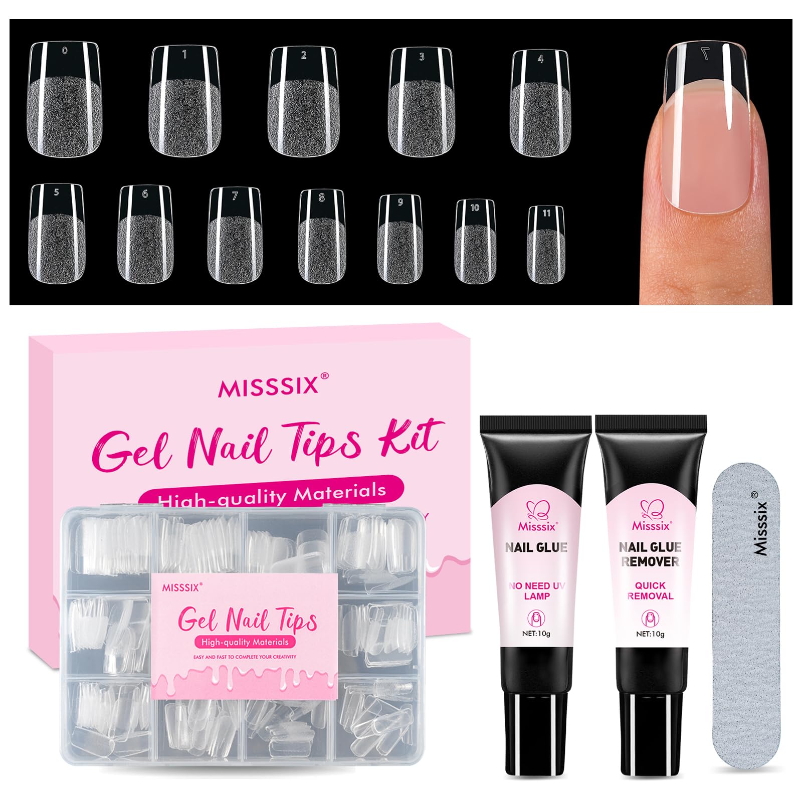 Misssix front packaging showing 216-piece clear gel nail kit and contents