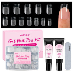 Misssix front packaging showing 216-piece clear gel nail kit and contents
