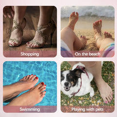 Misssix lifestyle shot with sandals showing polished French pedicure benefit