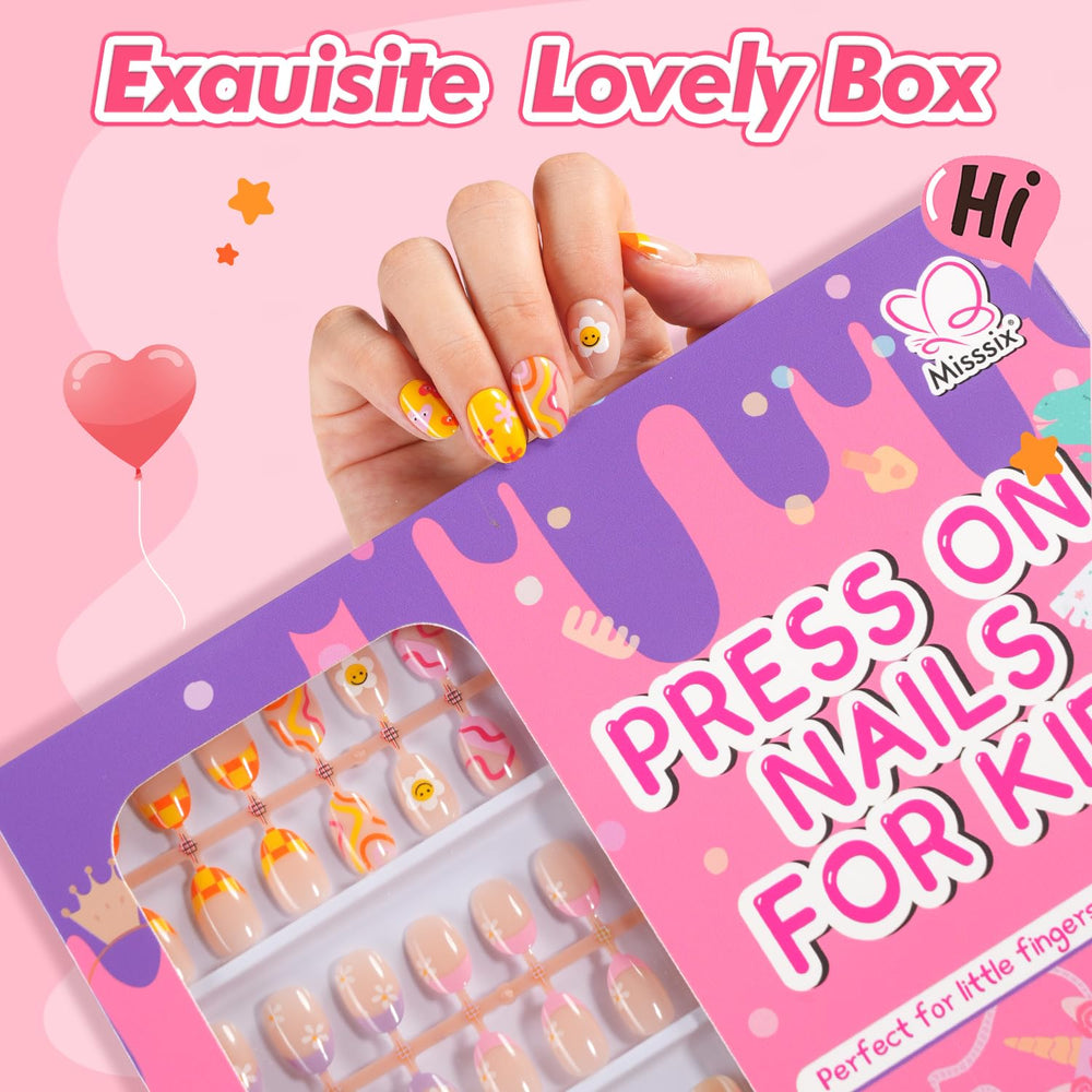 Misssix nail size layout beside ruler to show child-friendly sizes and fit