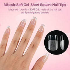 Misssix spread of 216 clear short square nail tips displaying size range