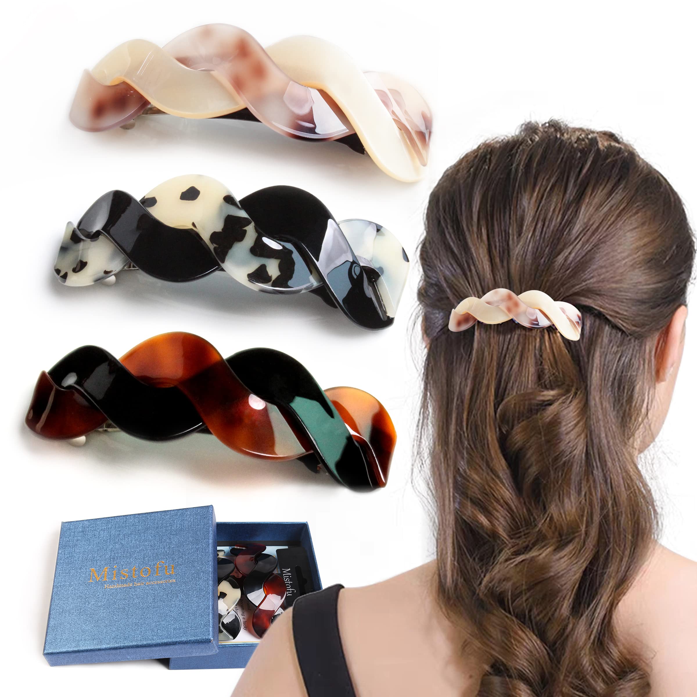 Mistofu front view in gift box showing three tortoiseshell barrettes and secure packaging