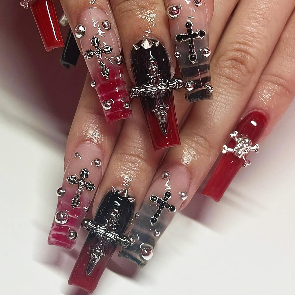 MISUD front packaging showing 24-piece goth red black nails and included glue, convenient kit