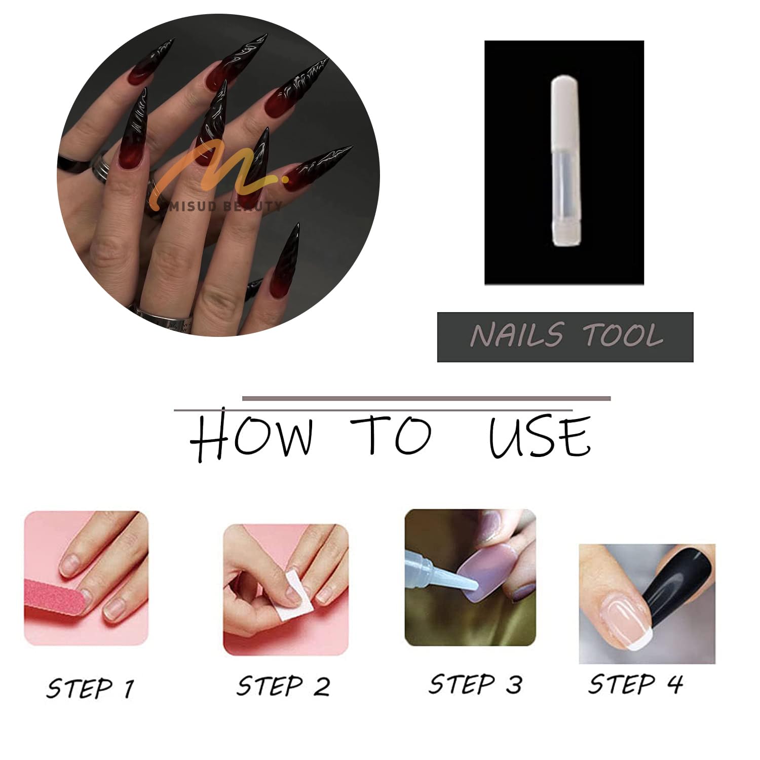 MISUD tube of included glue and arranged tips for easy at-home application