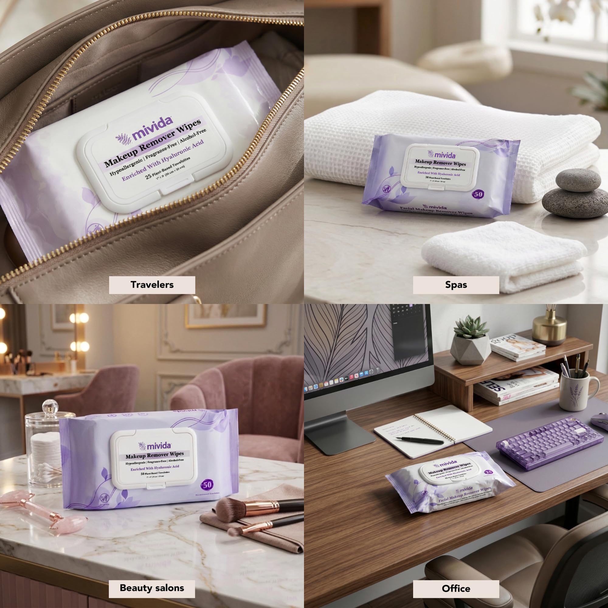 mivida wipes beside a skincare bottle to show compact size and portability