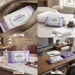 mivida wipes beside a skincare bottle to show compact size and portability