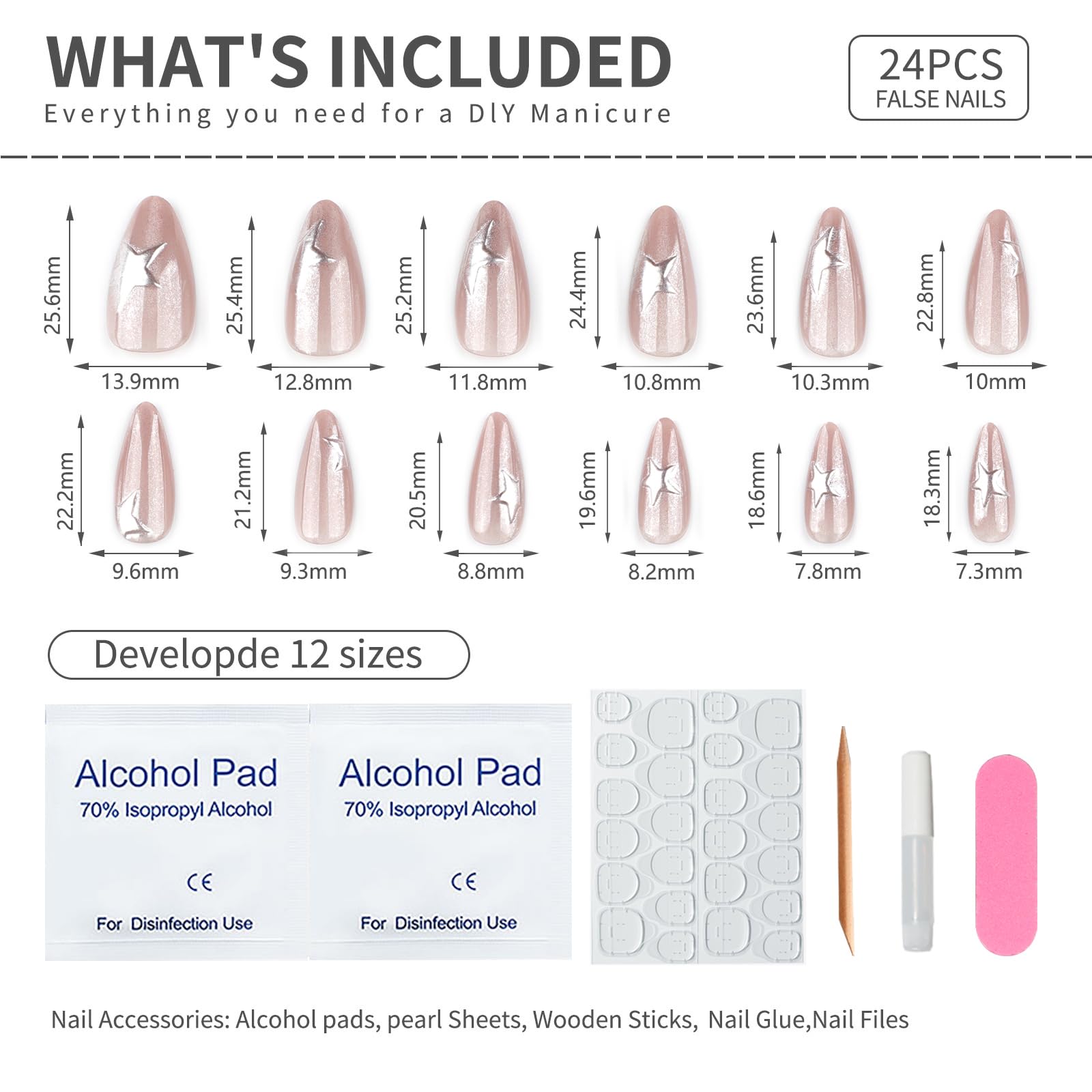 Mivota kit contents with glue, adhesive tabs, file and cuticle stick for easy application