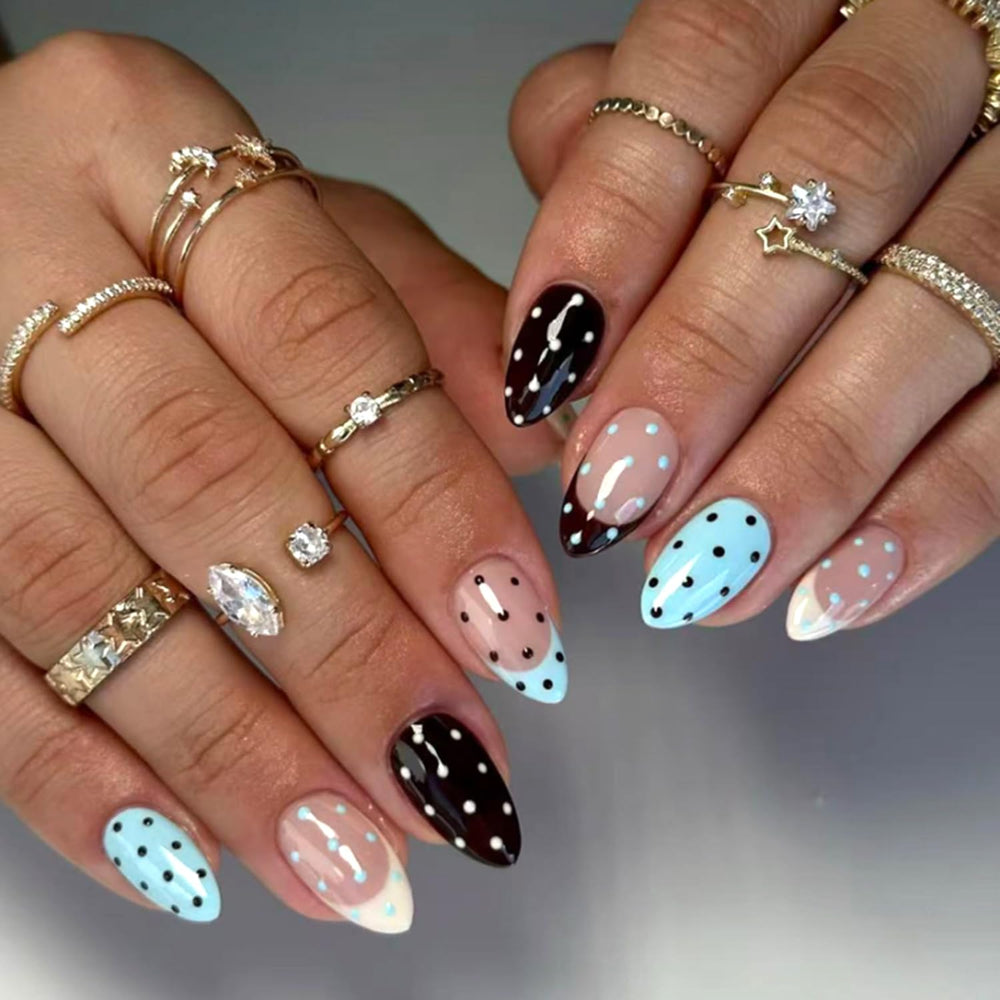 Mivota front packaging showing 24 almond polka dot nails for quick styling