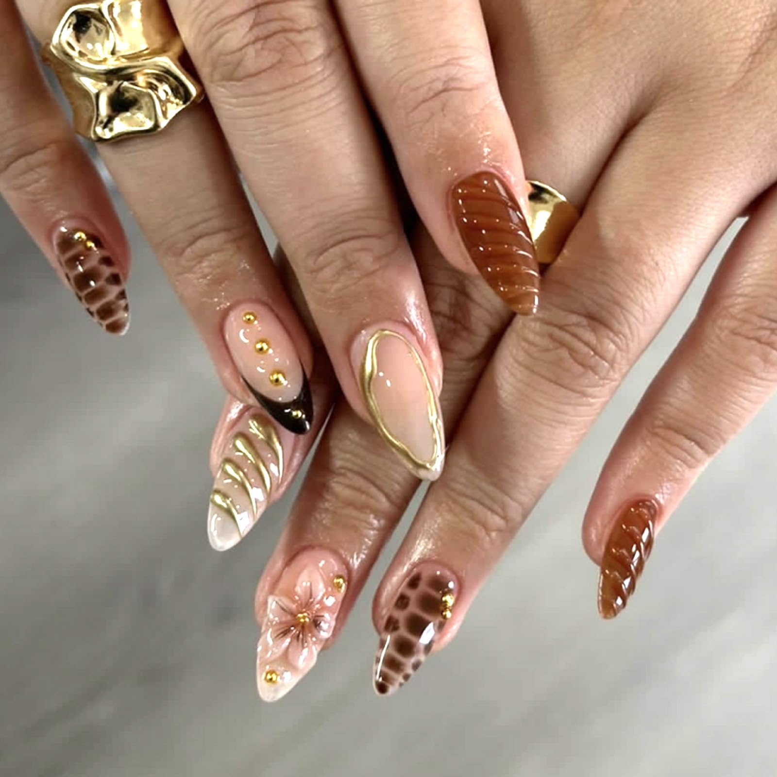 Mivota front packaging showing 24 brown press on nails and benefits