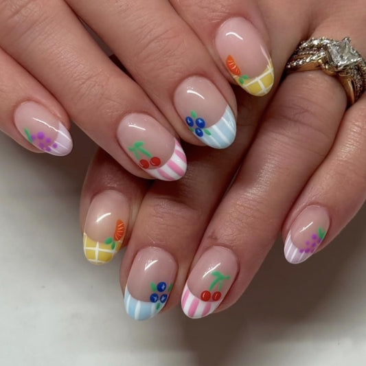 Mivota front packaging showing 24-piece fruit press-on nails for quick polish
