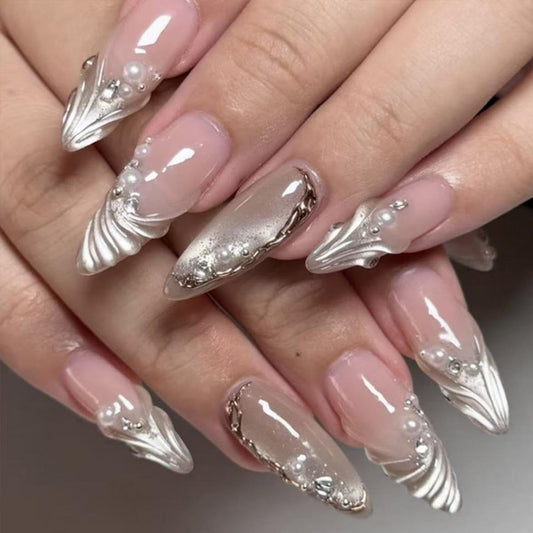Mivota front view of 24-piece mermaid press on nails showing full kit benefits