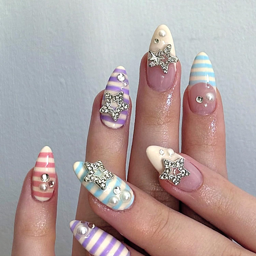 Mivota front packaging showing colorful stripe nails and included tools for quick styling