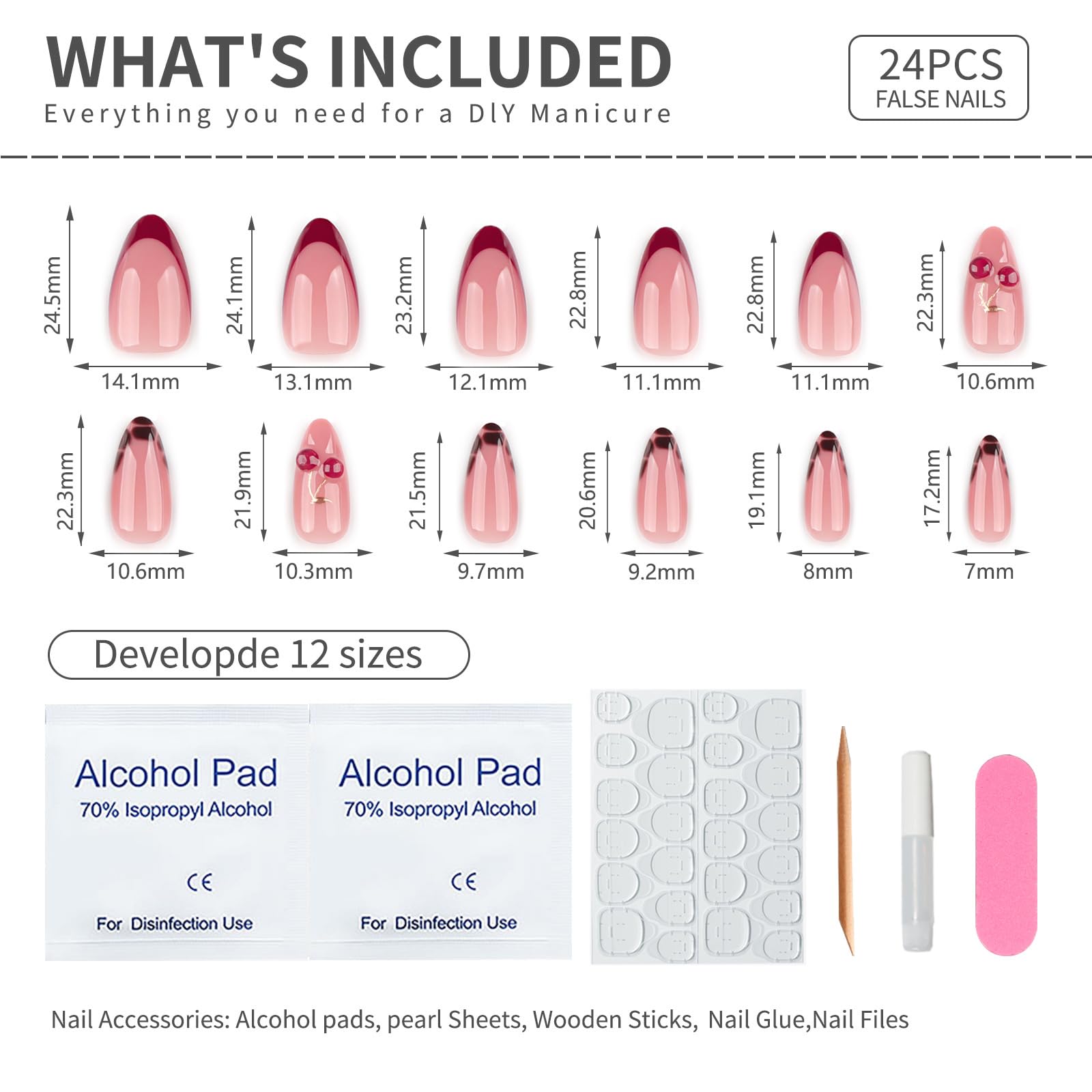 Mivota nails beside a ruler showing medium almond size scale