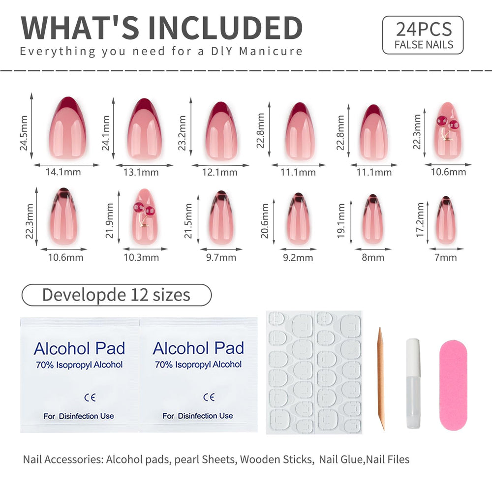 Mivota nails beside a ruler showing medium almond size scale