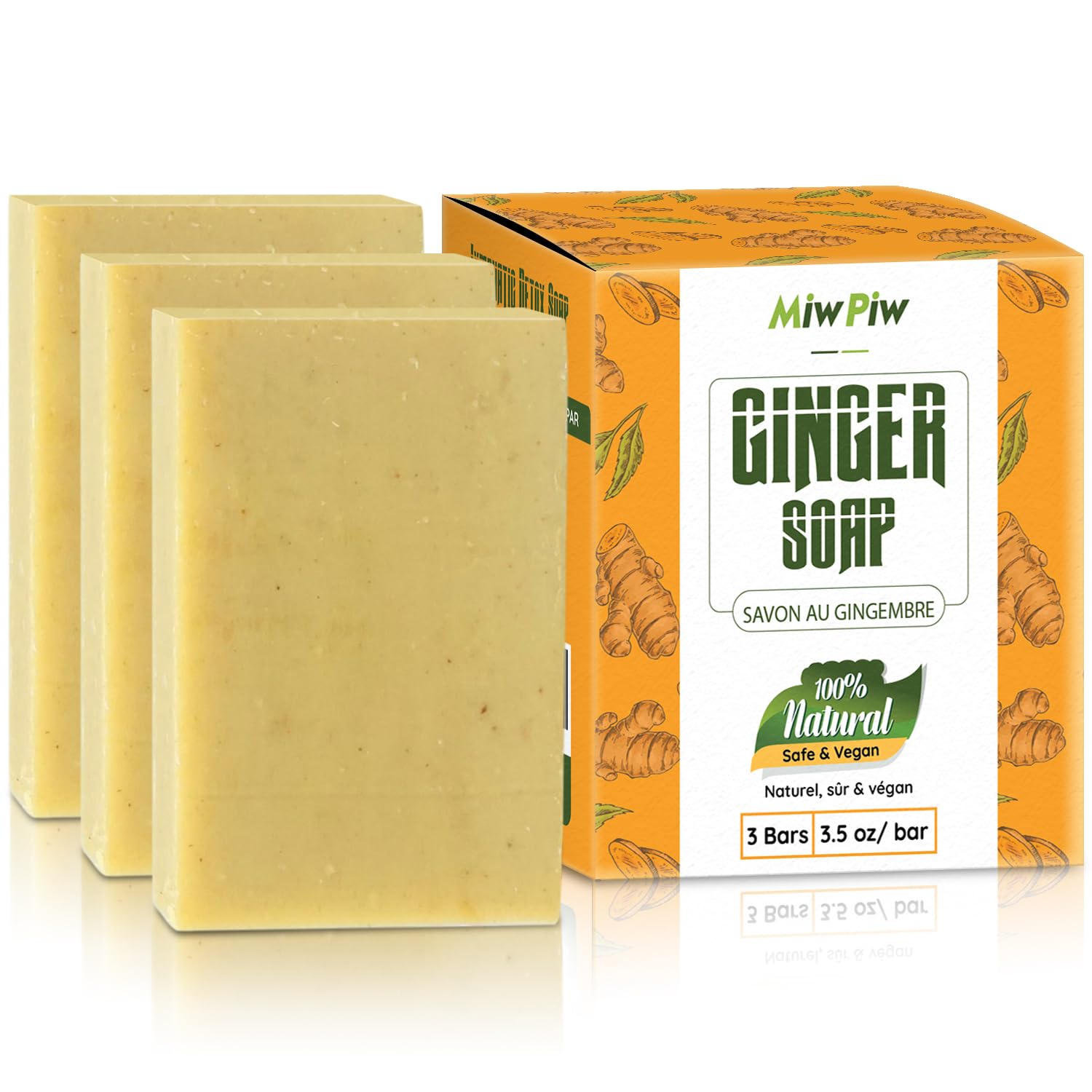Miw Piw ginger soap front packaging showing trio bars and natural look for detox