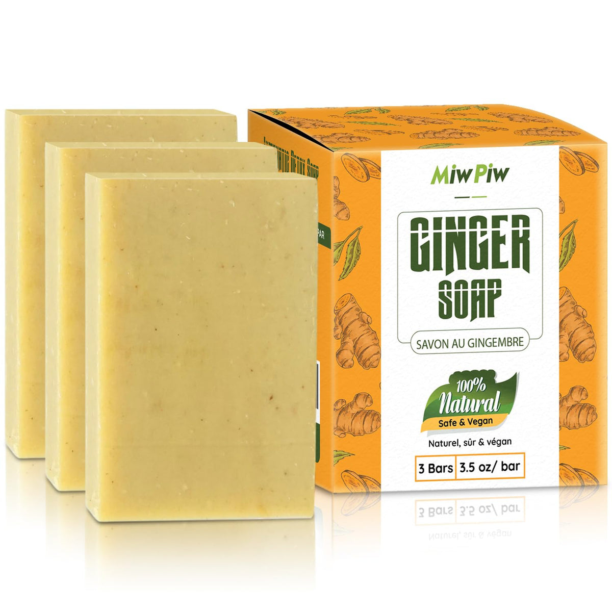 Miw Piw ginger soap front packaging showing trio bars and natural look for detox